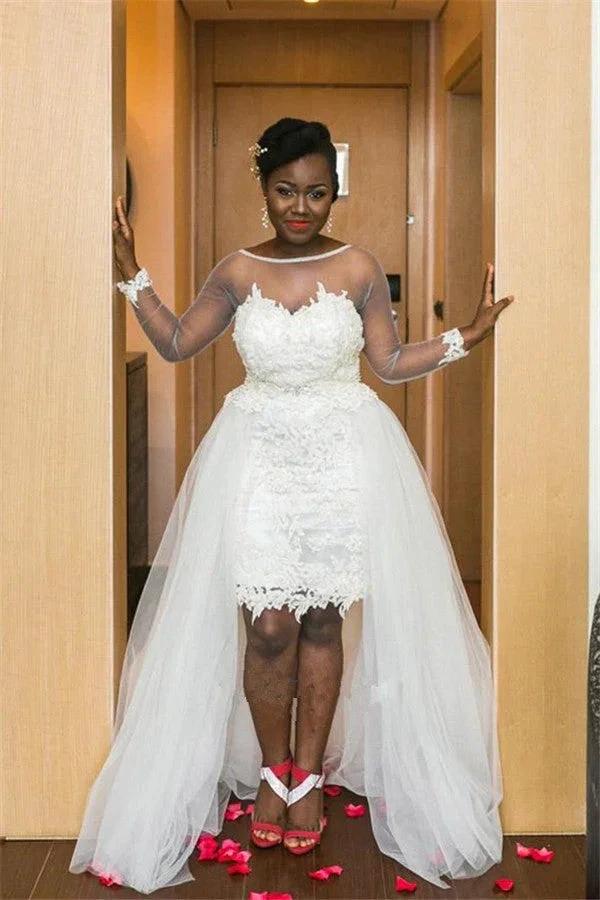 Long Sleeves Sheer Tulle Wedding Dress Lace Overskirt Bridal Wears (ZD13863)