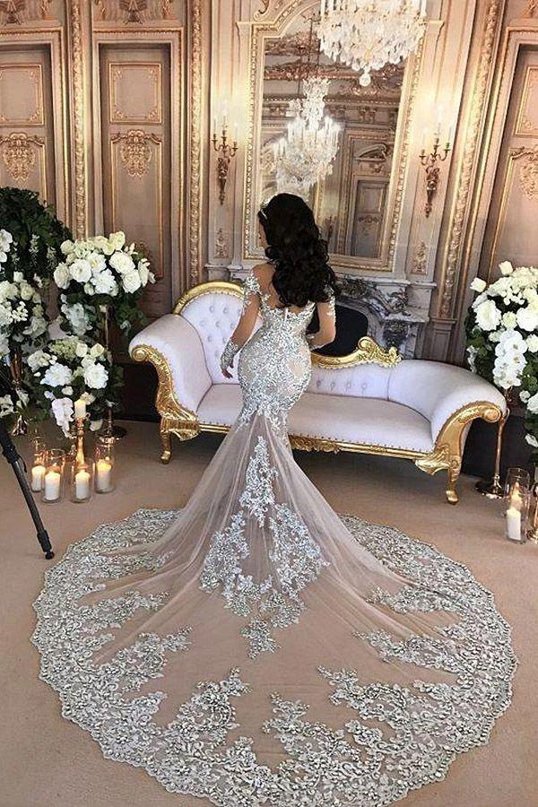 Long Sleeves Tulle High Neck Appliques Lace Wedding Dresses with Detachable Overskirt (ZD15976)