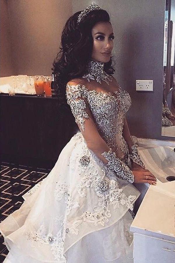Long Sleeves Tulle High Neck Appliques Lace Wedding Dresses with Detachable Overskirt (ZD15976)
