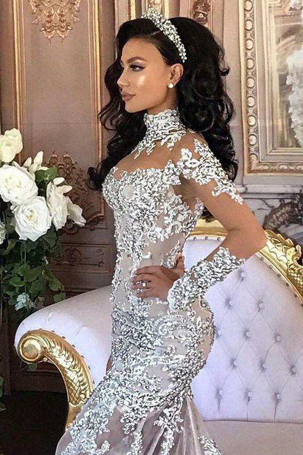 Long Sleeves Tulle High Neck Appliques Lace Wedding Dresses with Detachable Overskirt (ZD15976)