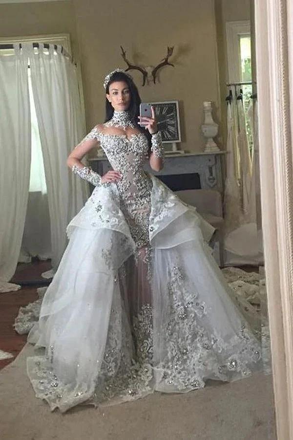 Long Sleeves Tulle High Neck Appliques Lace Wedding Dresses with Detachable Overskirt (ZD15976)
