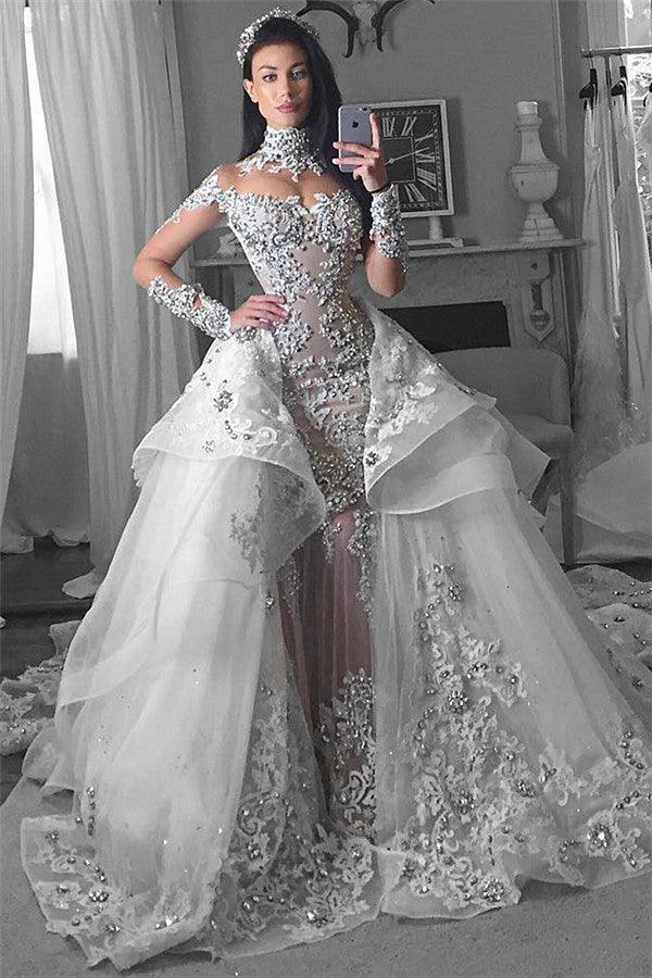 Long Sleeves Tulle High Neck Appliques Lace Wedding Dresses with Detachable Overskirt (ZD15976)
