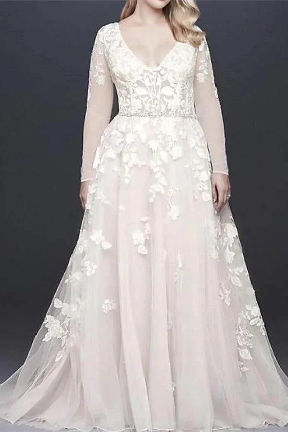 Long Sleeves V-Neck s Belt Wedding Dress (ZD13830)