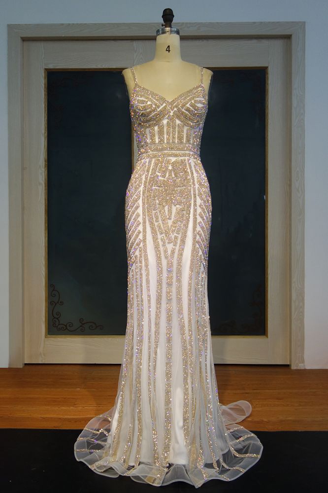 Long Spaghetti Mermaid Sweetheart Champagne Sequined Prom Dresses - VelvetHem