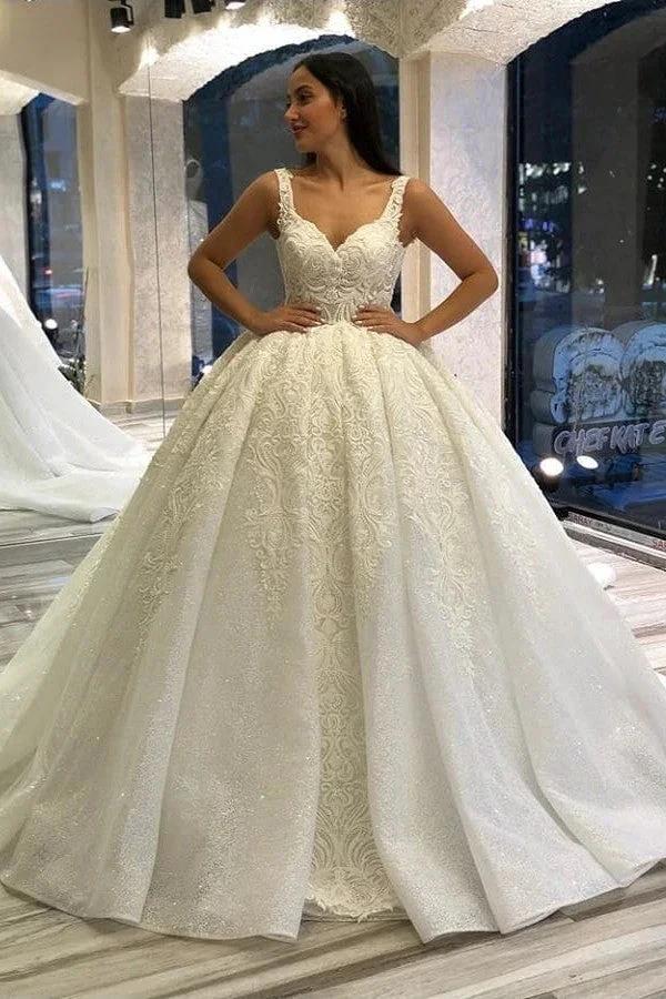 Long Sweetheart Backless Appliques Lace Sequins Ball Gown Wedding Dress (ZD15100)