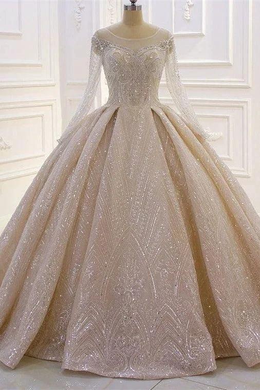 Luxurious A-line Lace Sequined Wedding Dress With Long Sleeves (ZD14543) - VelvetHem