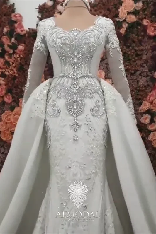 Luxurious A-line Long Sleeves Beading Wedding Dress With Train (ZD14642)