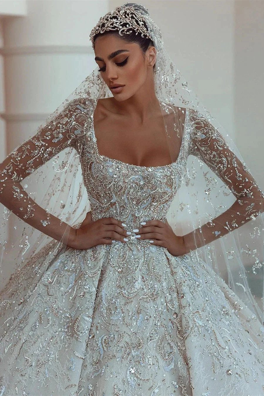 Luxurious A-line Long Sleeves Lace Wedding Dress With Train (ZD14646)