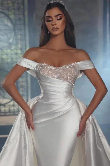 Luxurious A-line Satin Off-the-shoulder Beading Sleeveless Wedding Dresses With Glitter (ZD14974)