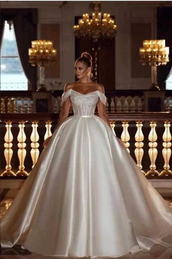 Luxurious Long Ball Gown Off The Shoulder Sparkly Sequins Satin Wedding Dress (ZD16729)