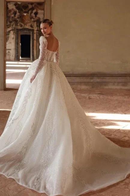 Luxurious Long Ivory A-line Square Neck Lace Beading Wedding Dress with Long Sleeves (ZD16666)
