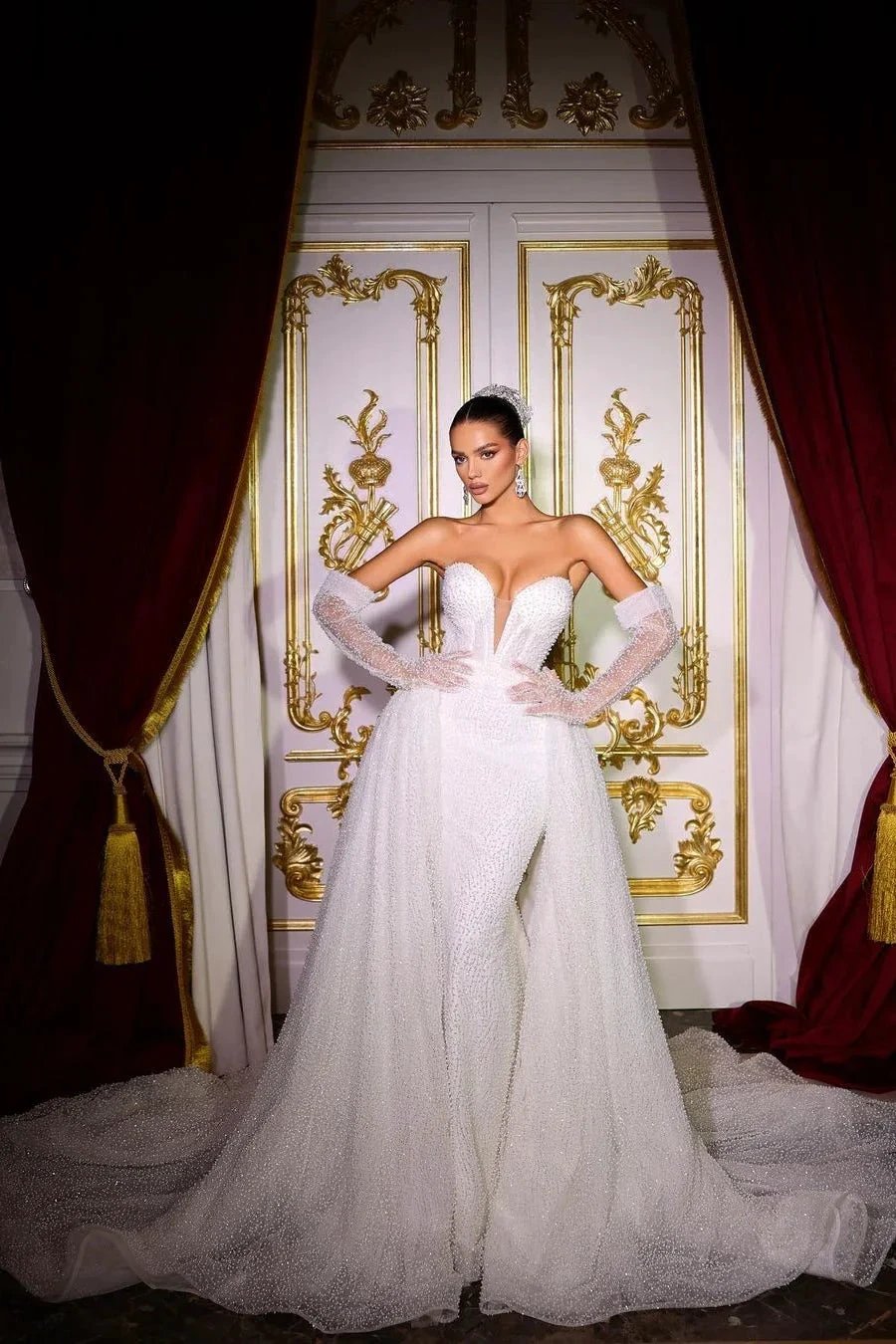 Luxurious Long Ivory V-neck Mermaid Sleeveless Sequined Beading Wedding Dress With Detachable Train (ZD15651)