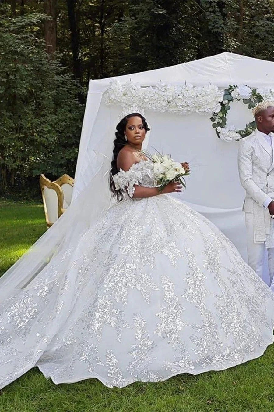 Luxurious Long White A-line Off-the-shoulder Lace Sequined Wedding Dress (ZD15670) - VelvetHem