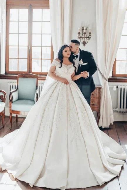Luxurious Long White Off-the-shoulder A-line Satin Wedding Dress with Lace (ZD15551)