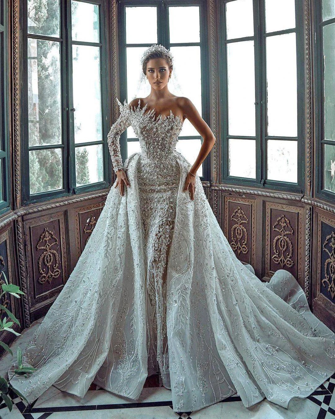 Luxurious Long White One Shoulder A-line Beading Pearls Long Sleeve Weeding Dress With Train (ZD16454)