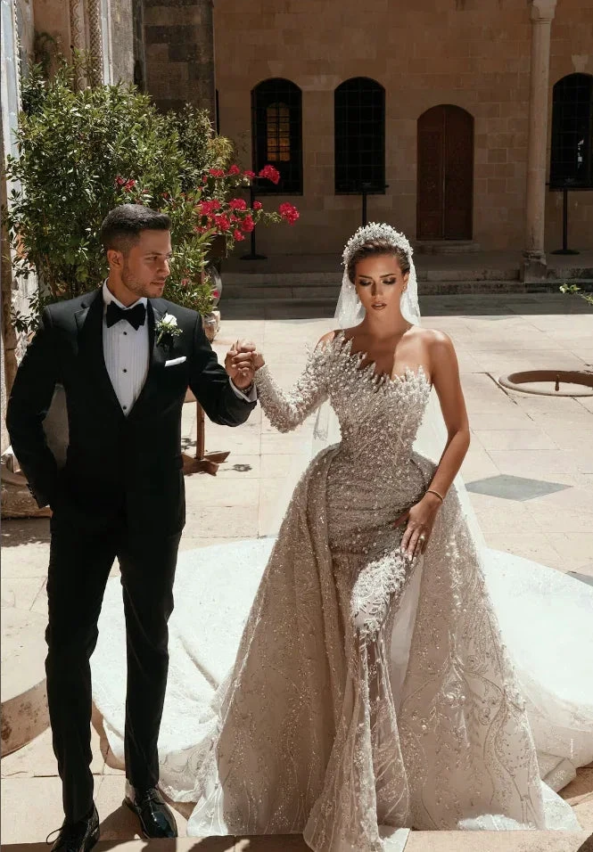 Luxurious Long White One Shoulder A-line Beading Pearls Long Sleeve Weeding Dress With Train (ZD16454)