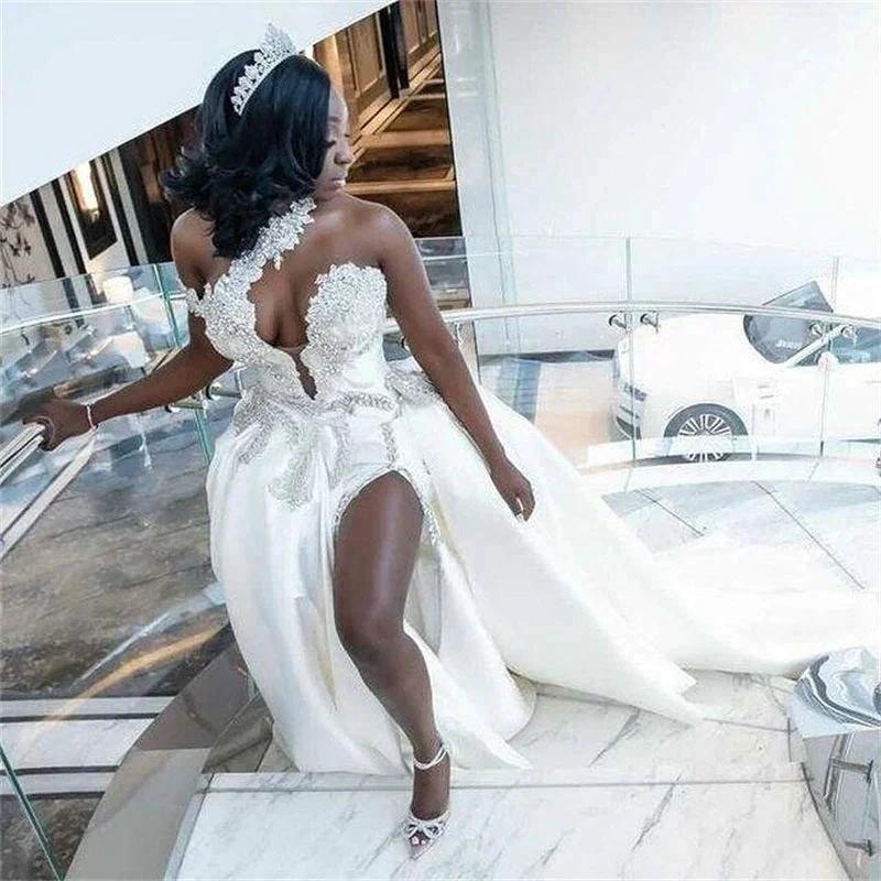 Luxurious Long White One Shoulder Sleeveless Jewel Wedding Dress With Detachable Train (ZD16419)