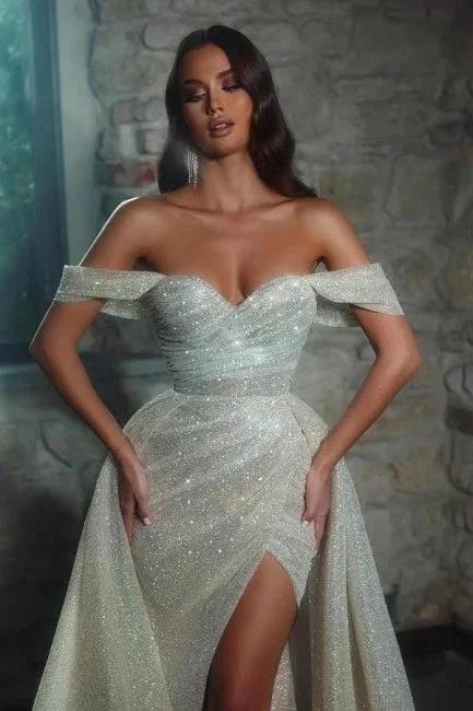 Luxurious off-the-shoulder Sleeveless A-Line Glitter Wedding Dresses With Split (ZD16446)