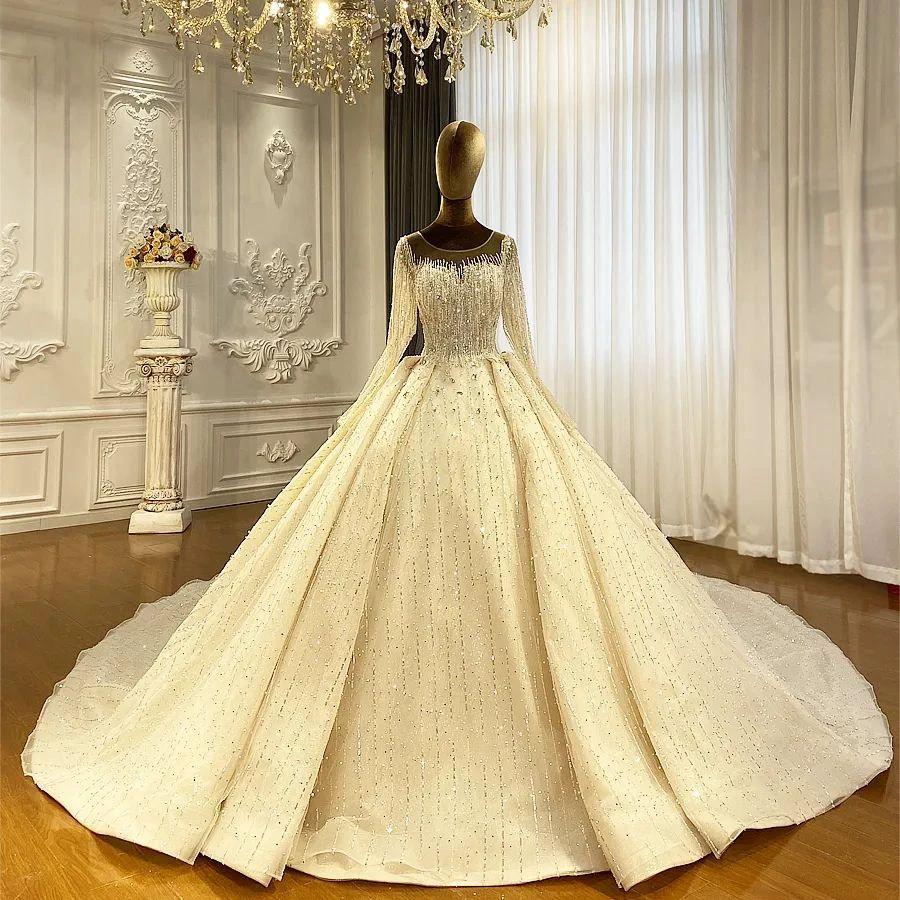 Luxurious Princess Ivory Long Sleeves A-line Wedding Dress With Beads (ZD14534)