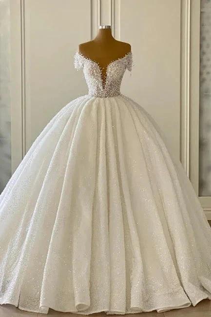 Luxurious Princess Off-the-shoulder V-neck A-line Wedding Dresses With Glitter (ZD14970)