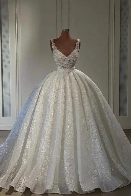 Luxurious Straps Sweetheart Lace Sleeveless Ball Gown Wedding Dresses (ZD14979) - VelvetHem