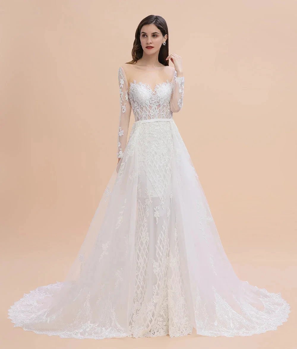 Luxury Beaded Lace Mermaid Wedding Dresses Tulle Appliques Bride Dresses with Detachable Train by misshow.com