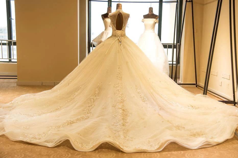 Luxury Illusion Neck Lace-up Tulle Ball Gown Wedding Dress Modest Ivory Sparkle Bridal Gowns (ZD13900)
