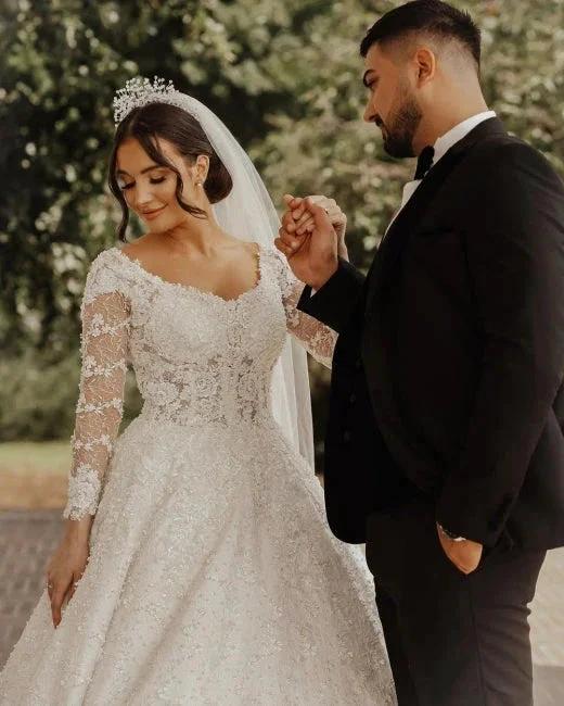 Luxury lace wedding dresses | A line wedding dresses with sleeves (ZD13912)