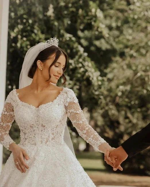 Luxury lace wedding dresses | A line wedding dresses with sleeves (ZD13912)