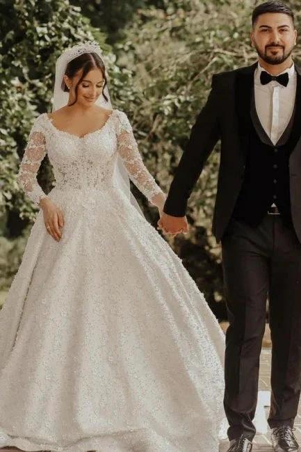 Luxury lace wedding dresses | A line wedding dresses with sleeves by misshow.com