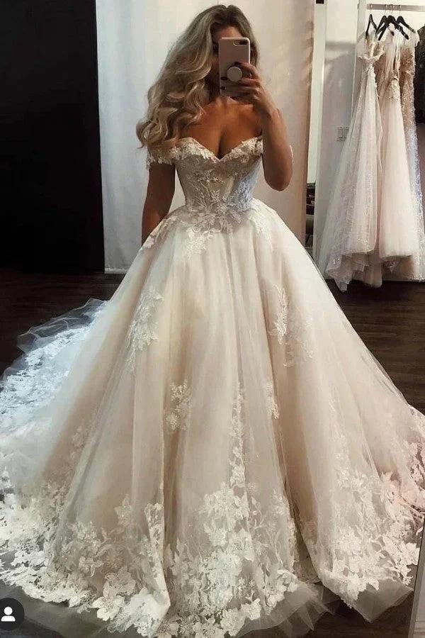 Luxury Long A-line Off-the-shoulder Tulle Lace Wedding Dress (ZD14441)