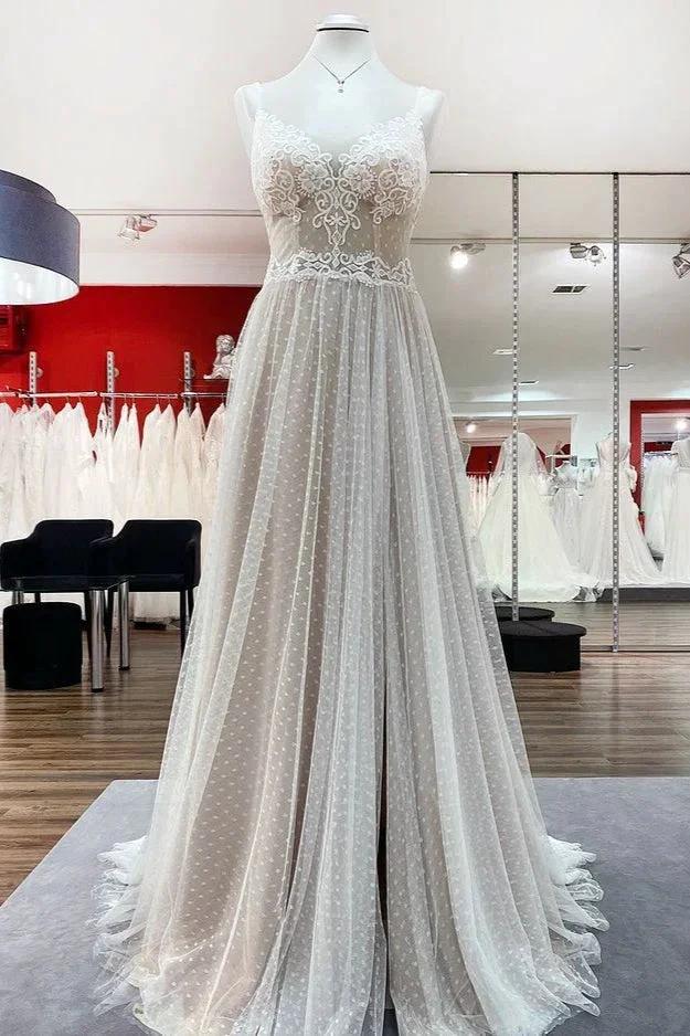 Luxury Long A-line V-neck Tulle Open Back Lace Wedding Dress (ZD14282)
