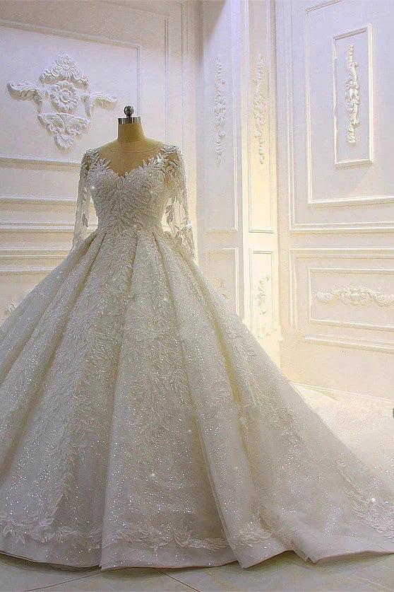 Luxury Long Ball Gown Lace Appliques Wedding Dress with Sleeves (ZD15182)