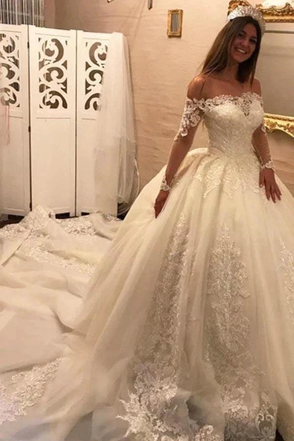 Luxury Long Ball Gown Off the Shoulder Chapel Train Appliques Wedding Dress with Sleeves (ZD15868)