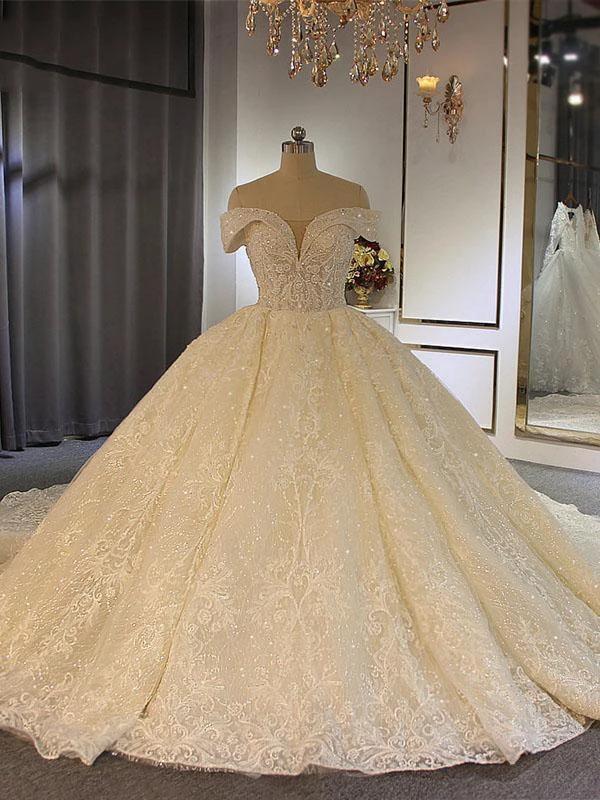 Luxury Long Ball Gown Off-the-Shoulder Lace Tulle Wedding Dresses with Beading (ZD15886)