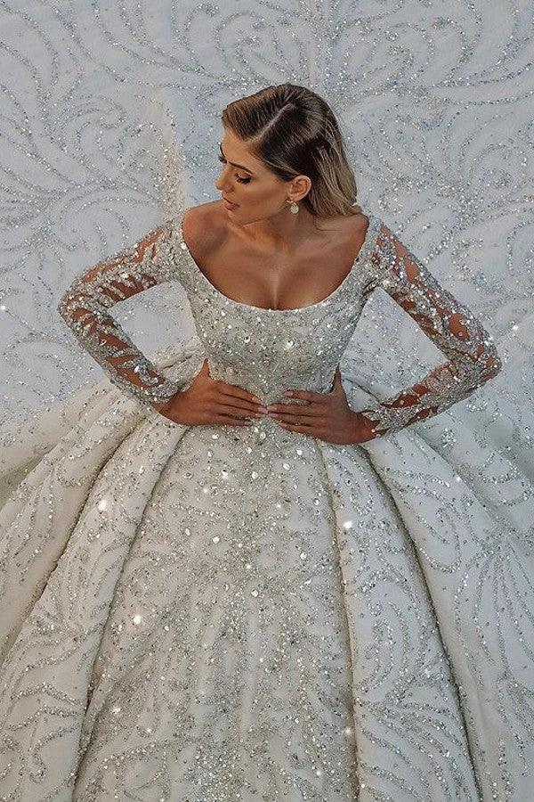 Luxury Long Ball Gown Sequin Off The Shoulder Backless Wedding Dress with Sleeves (ZD15177) - VelvetHem