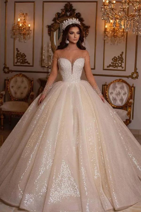 Luxury Long Ball Gown Sweetheart Sparkly Wedding Dress with Sleeves (ZD15022)