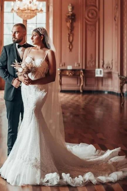 Luxury Long Mermaid Spaghetti Straps Glitter Wedding Dresses With Lace (ZD14492)