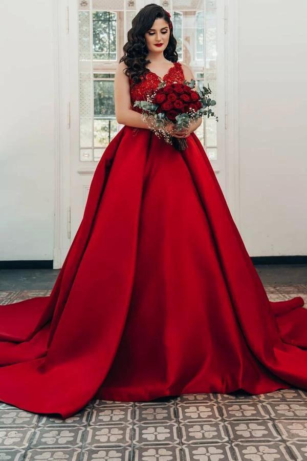 Luxury Long Princess Satin V-neck Wedding Dresses with Lace (ZD15045)