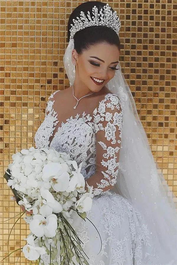 Luxury Mermaid Tulle Beaded Lace Wedding Dresses with Sleeves (ZD14454)