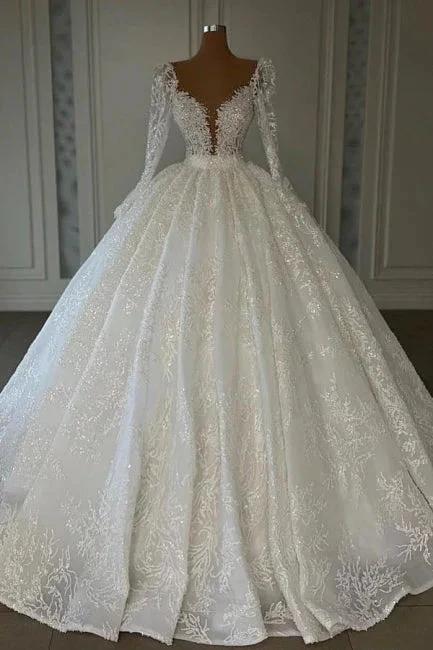 Luxury Princess A-line V-neck Lace Wedding Dresses With Long Sleeves (ZD16447) - VelvetHem