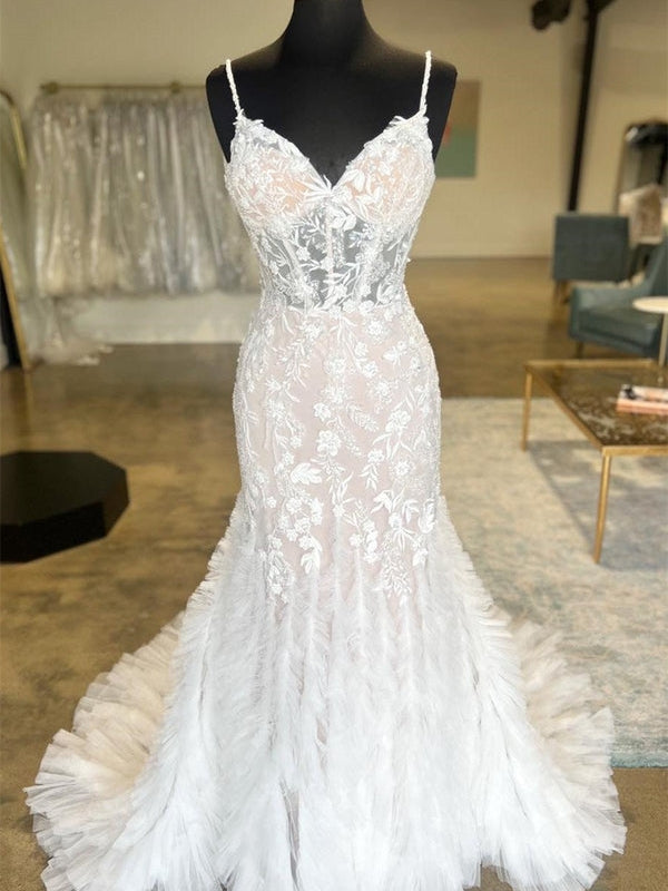 Spaghetti Straps Lace V-Neck Mermaid Wedding Gown With Tulle Train