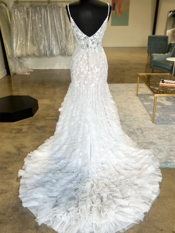 Spaghetti Straps Lace V-Neck Mermaid Wedding Gown With Tulle Train