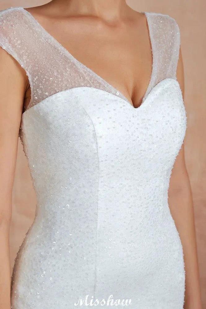 Luxury V-Neck Cap Sleeve Beach Lace up White Bridal Gowns with Sequins (ZD13894)