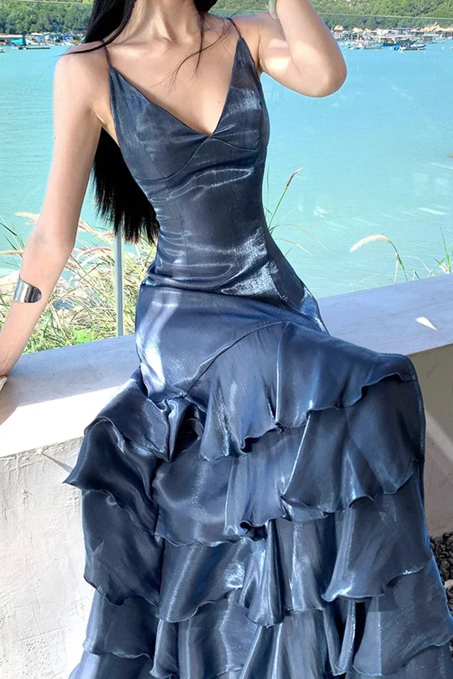 Elegant Deep Slate Blue Spaghetti Strap High-Slit Crisscross Lace-Up Open Back Tiered Satin Long Prom Dress Evening Dress