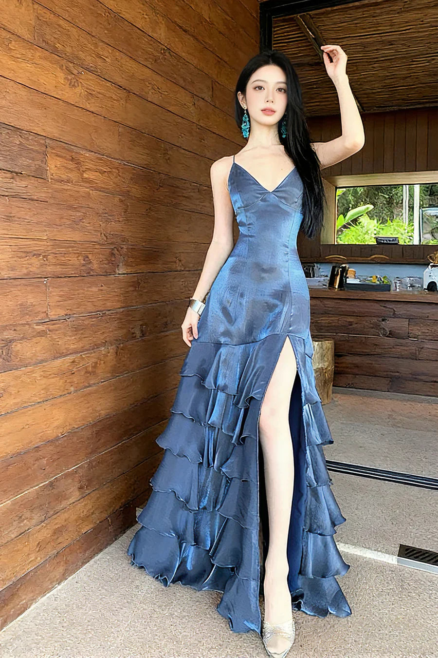 Elegant Deep Slate Blue Spaghetti Strap High-Slit Crisscross Lace-Up Open Back Tiered Satin Long Prom Dress Evening Dress