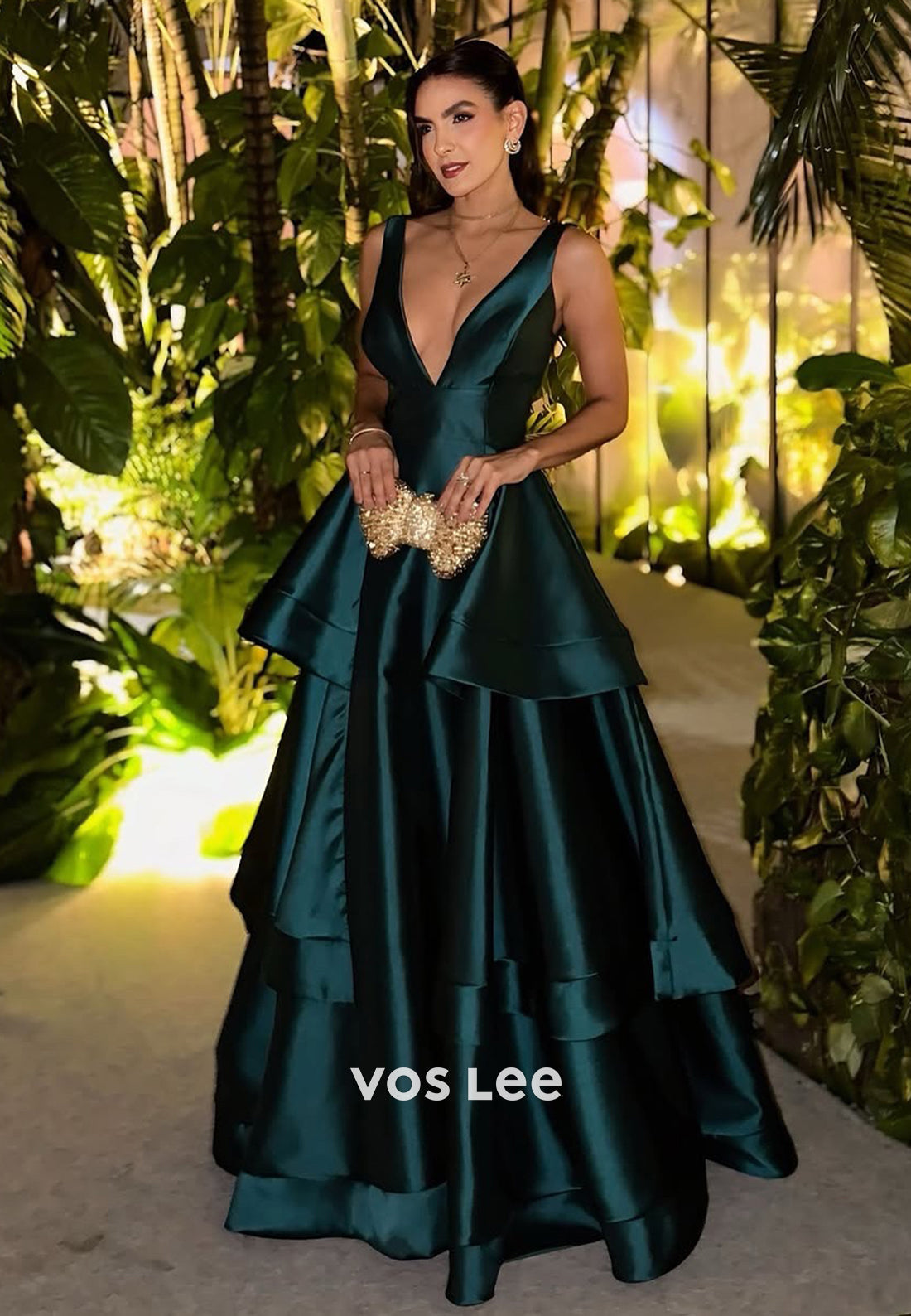 Dark Green V-Neck Tiered Women A-Line Satin Evening Dress Formal Party Gown - VelvetHem