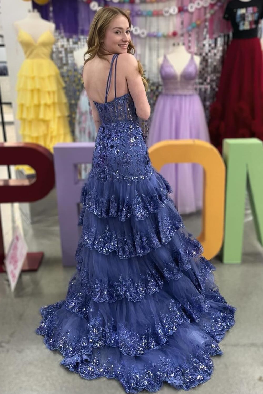 Gorgeous Sheath One Shoulder Navy Corset Prom Dress with Tired Ruffles - View 2 | VelvetHem