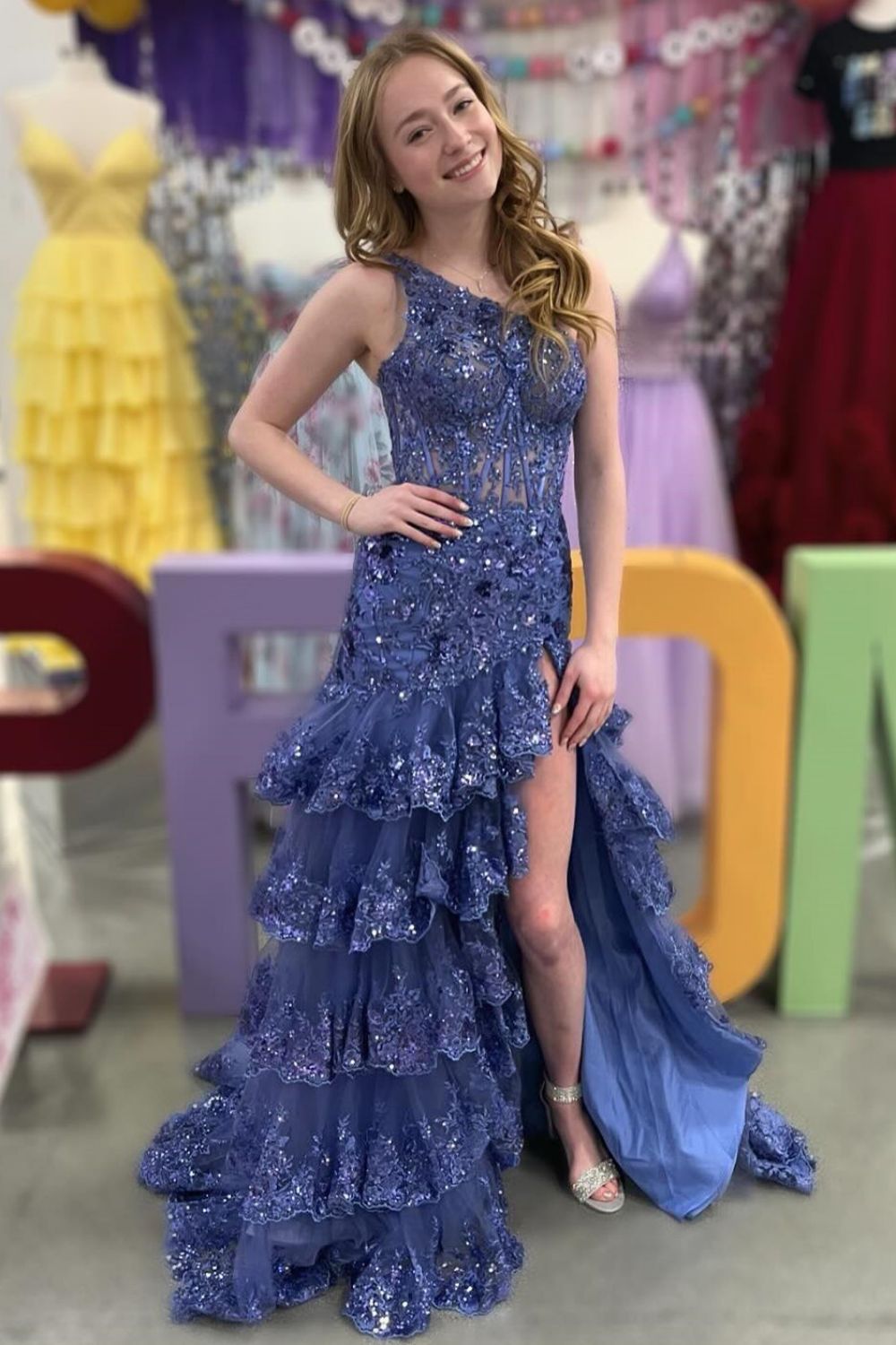 Gorgeous Sheath One Shoulder Navy Corset Prom Dress with Tired Ruffles - VelvetHem