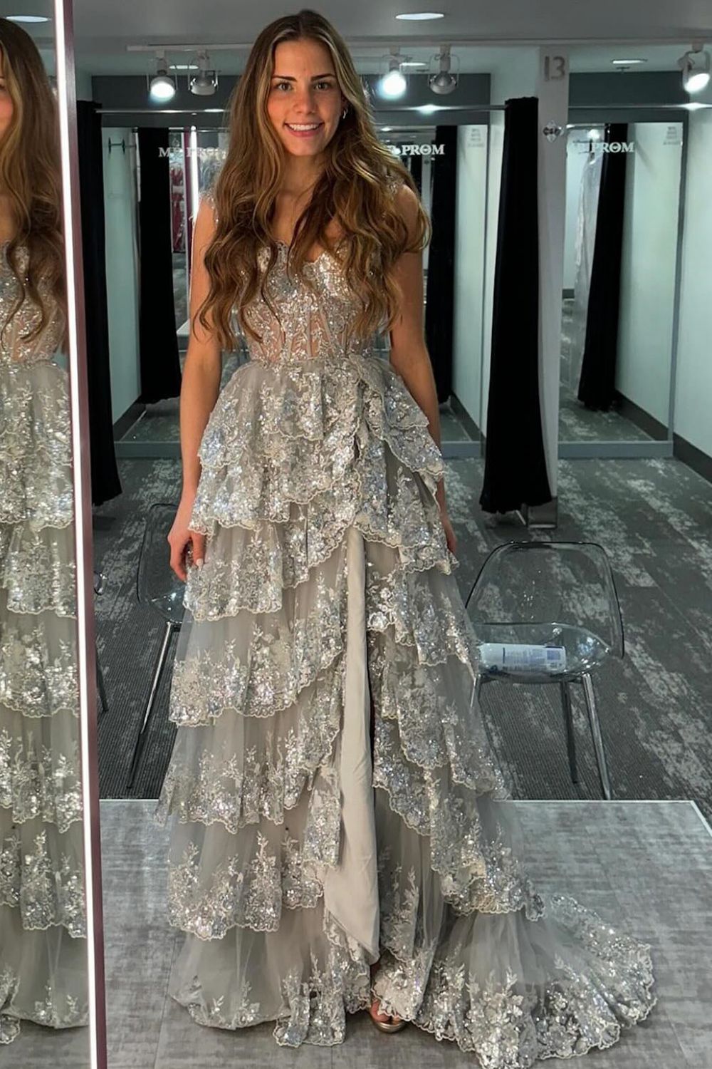 Princess A Line Sweetheart Silver Corset Prom Dress with Lace Ruffles - VelvetHem
